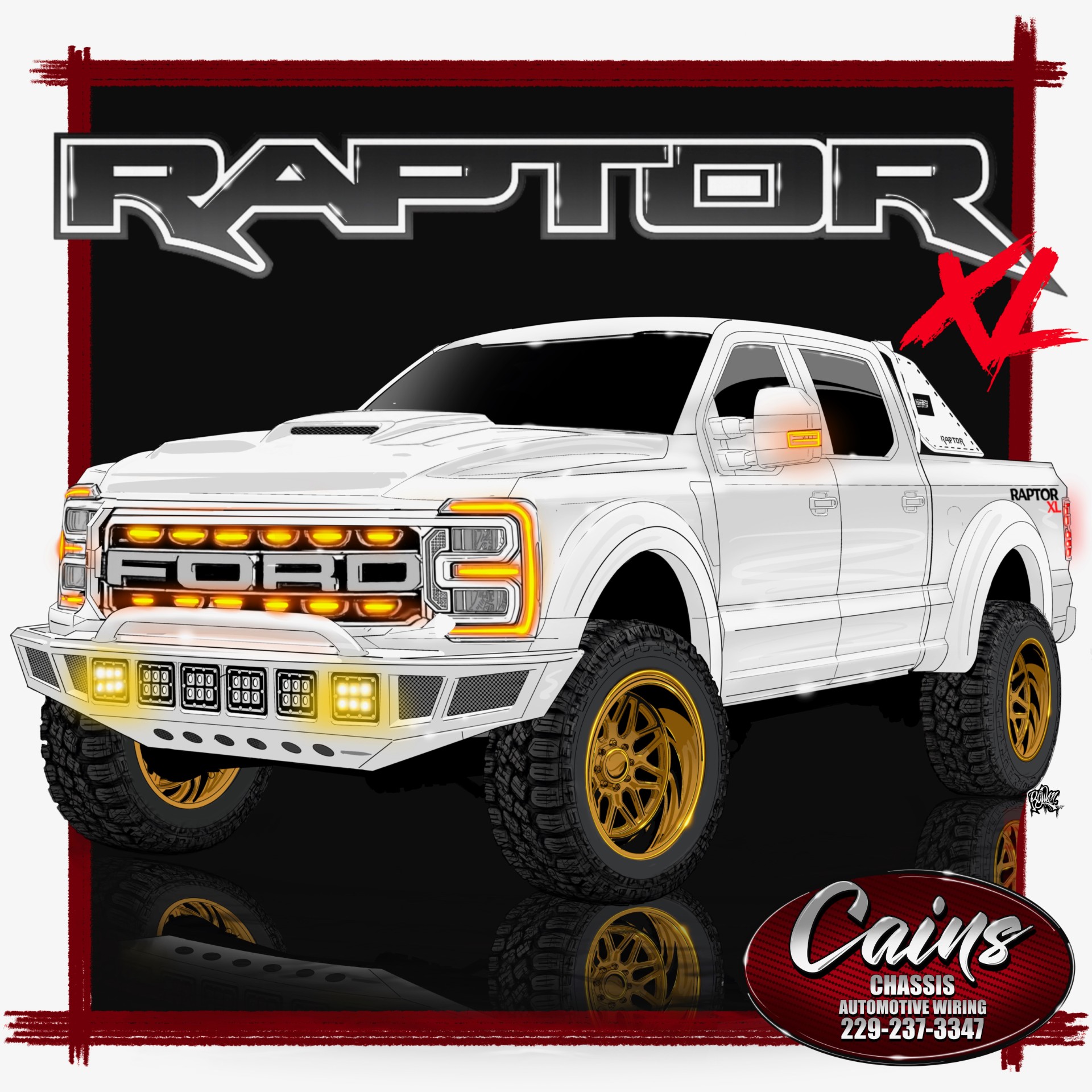 Concept rendering of the Raptor XL, a custom Ford F-250 built by Cain's Chassis for the SEMA show, shown in white with gold wheels and a custom front bumper