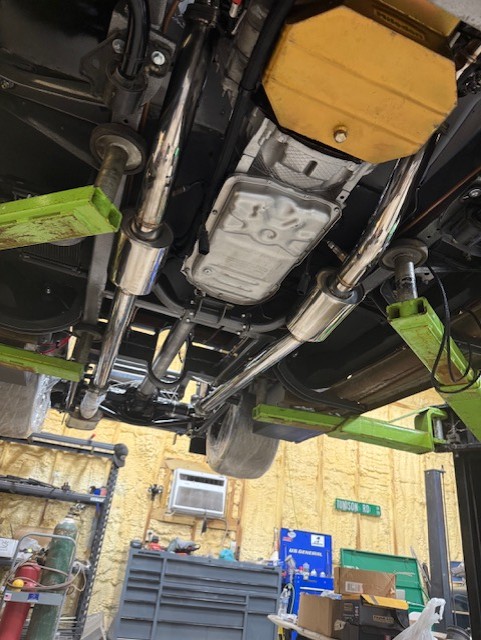 Custom dual exhaust and undercarriage fabrication viewed from below