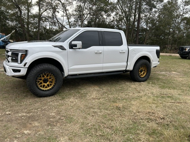 White Ford F-150 Raptor on custom gold beadlock wheels